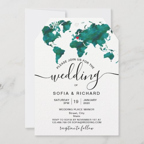 Wedding Destination World Map Heart Invitation