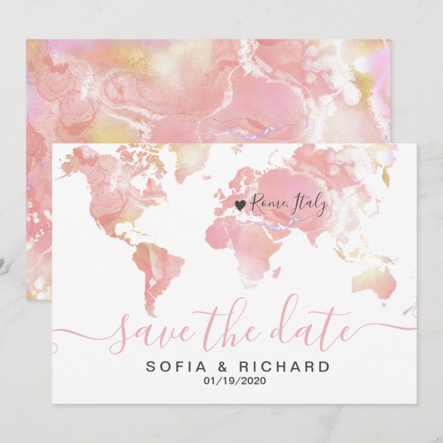 Wedding Destination World Map Pink Removable Heart Invitation (Front/Back)