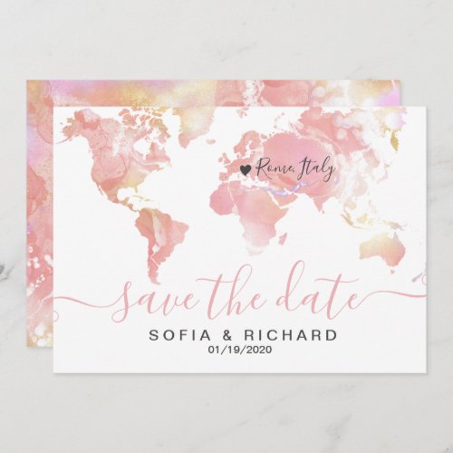 Wedding Destination World Map Pink Removable Heart Invitation