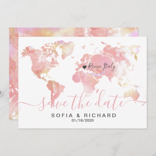 Wedding Destination World Map Pink Removable Heart Invitation