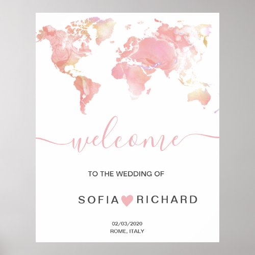 Wedding Destination World Map Removable Heart Post Poster