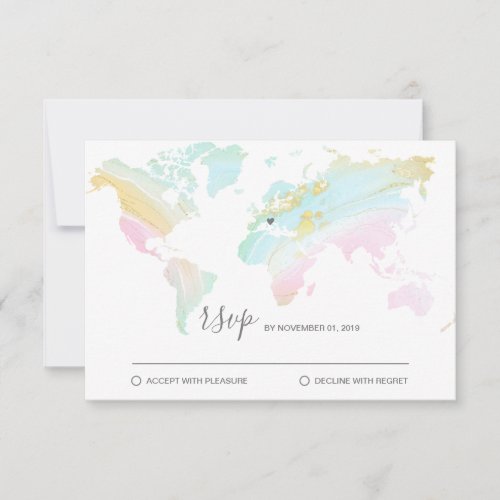 Wedding Destination World Map  Removable Heart RSV RSVP Card