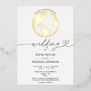 Wedding Destination World Map Typography Gold Foil Foil Invitation