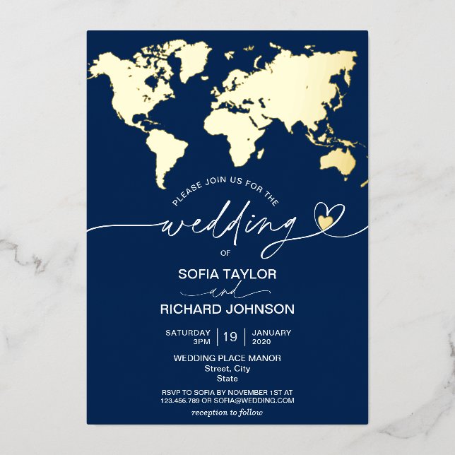 Wedding Destination World Map Typography Gold Foil Foil Invitation (Front)