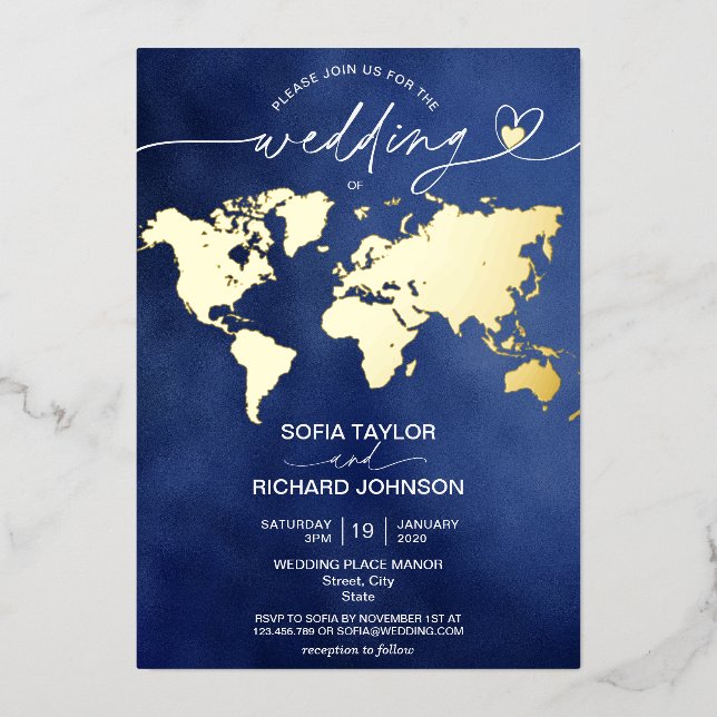 Wedding Destination World Map Typography Gold Navy Foil Invitation (Front)