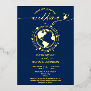 Wedding Destination World Map Typography Gold Navy Foil Invitation