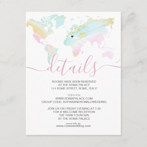 Wedding Destination World Map Unicorn Pastel Heart Enclosure Card