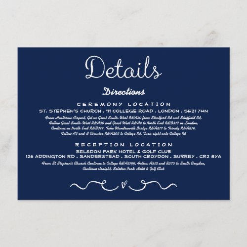 Wedding Detail Insert Card  Modern Navy Blue