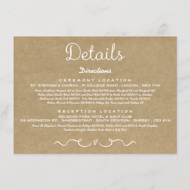 Wedding Detail Insert Card | Rustic Country Kraft (Front)