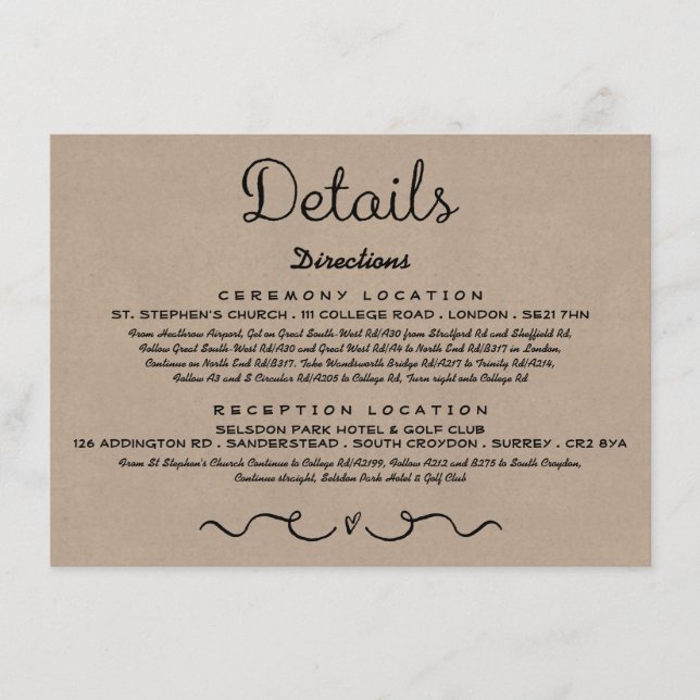 Wedding Detail Insert Card | Rustic Country Kraft (Front)