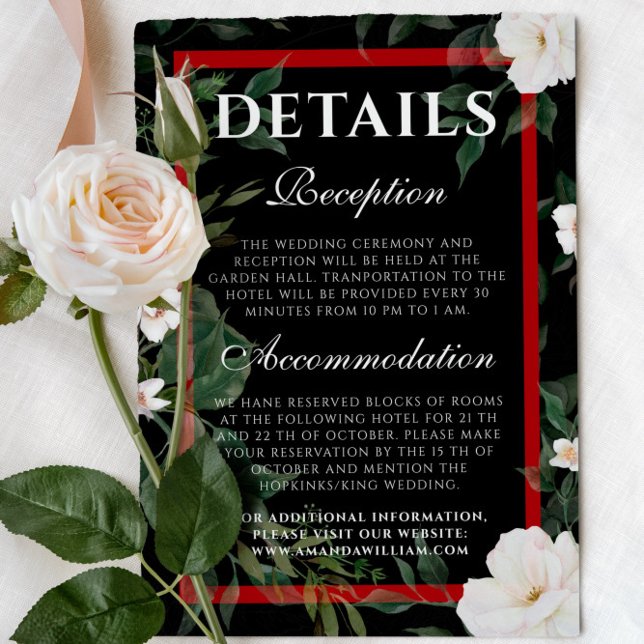 Wedding Details Black and Red Elegant White Floral Enclosure Card (Creator Uploaded)