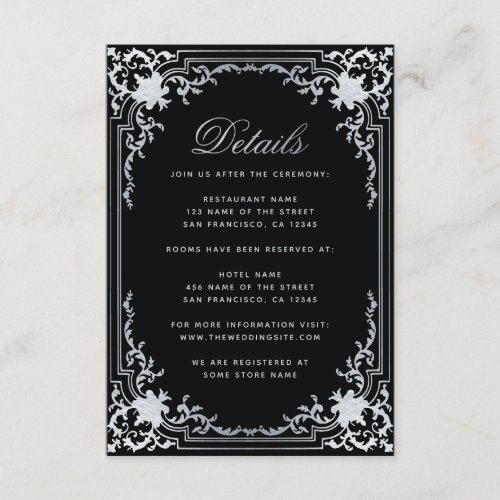 Wedding Details Black Vintage Elegant Faux Silver Enclosure Card
