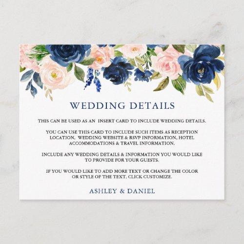 Wedding Details Blue Pink Floral Insert Card