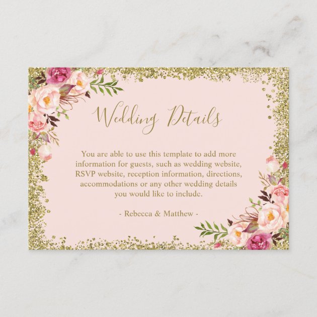 Wedding Details - Blush Pink Gold Glitters Floral Enclosure Card
