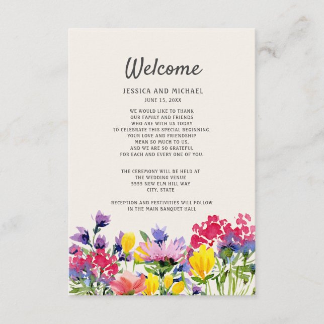 Wedding Details Boho Watercolor Wildflowers Floral Enclosure Card (Front)