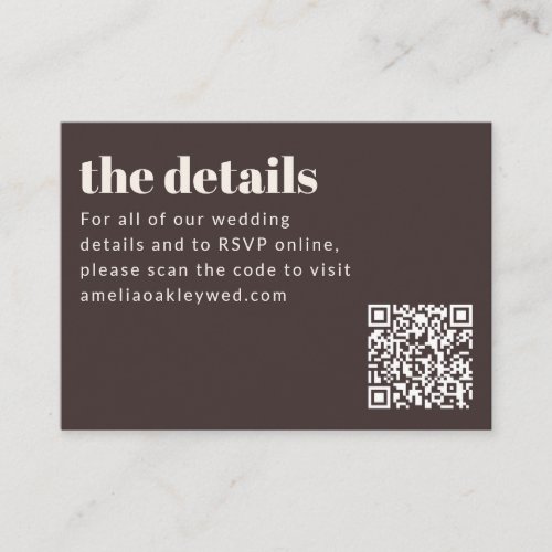 Wedding Details Bold Retro Brown QR Code RSVP Enclosure Card