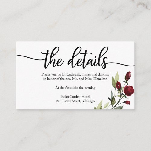 Wedding Details Burgundy Floral  Enclosure Card