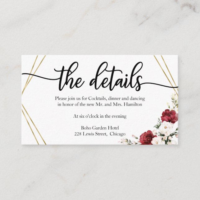 Wedding Details Burgundy Floral Geometric Enclosure Card (Front)