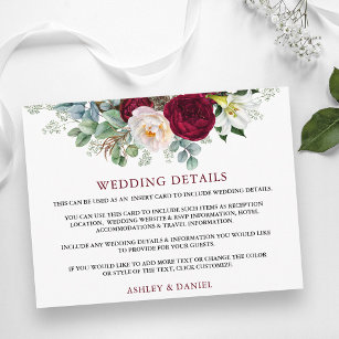 Wedding Details Burgundy Floral Insert Card