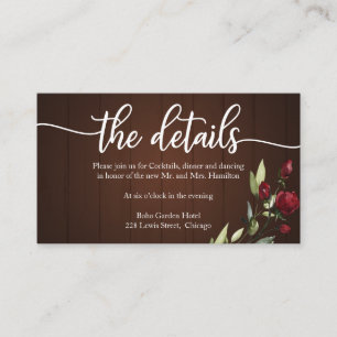 Wedding Details Burgundy Floral Rustic Wood Enclosure Card