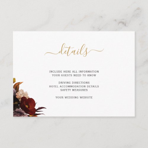 Wedding details burgundy rustic fall floral enclosure card