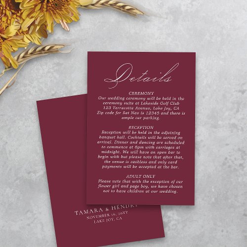 Wedding Details Calligraphy Script Burgundy Enclosure Card