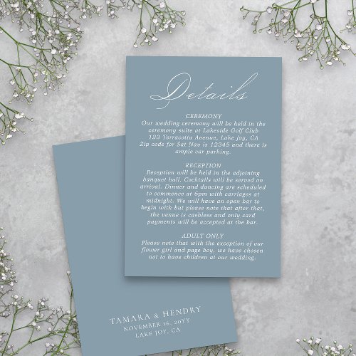 Wedding Details Calligraphy Script Dusty Blue Enclosure Card