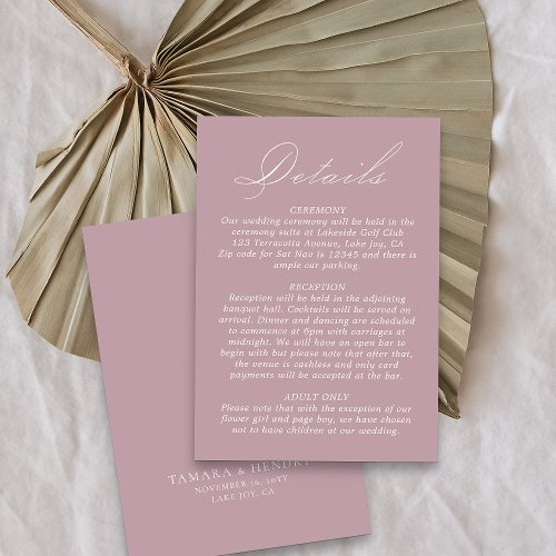 Wedding Details Calligraphy Script Dusty Rose Enclosure Card
