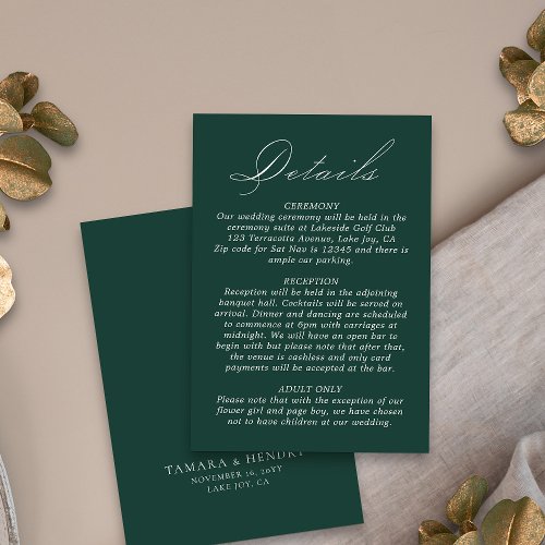 Wedding Details Calligraphy Script Emerald Green Enclosure Card