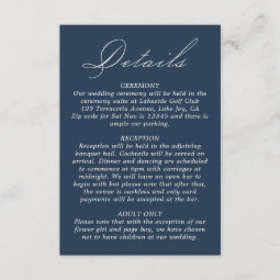 Wedding Details Calligraphy Script Navy Blue Enclosure Card | Zazzle