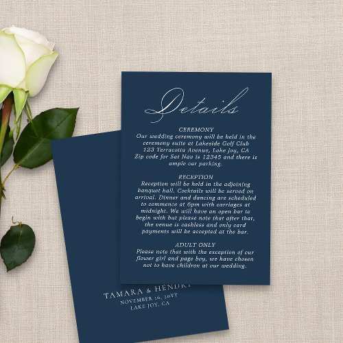 Wedding Details Calligraphy Script Navy Blue Enclosure Card