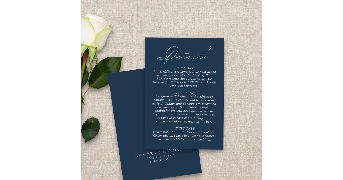 Wedding Details Calligraphy Script Navy Blue Enclosure Card | Zazzle