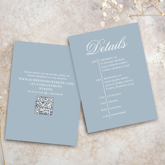 Wedding Details Card QR Code Template Editable (Dusty blue wedding details card with a scannable QR code. )