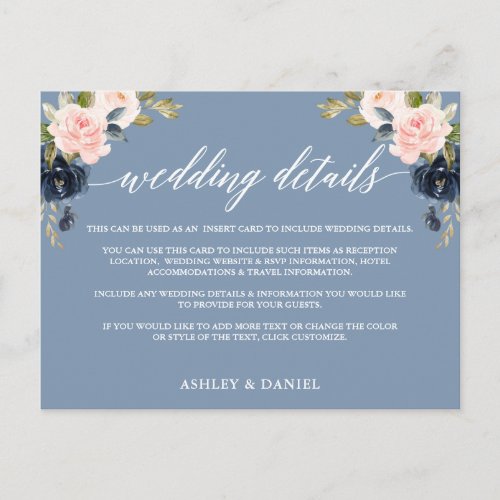 Wedding Details Dusty Blue Pink Floral Insert Card