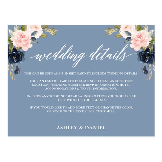 Wedding Details Dusty Blue Pink Floral Insert Card