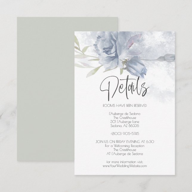 Wedding Details Dusty Blue Watercolor Roses Invitation (Front/Back)