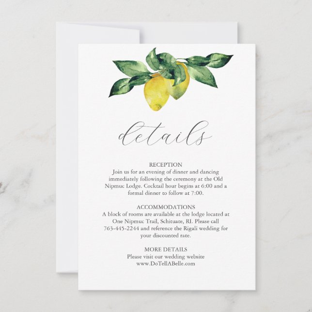 Wedding Details Enclosure Card Watercolor Lemons (Front)