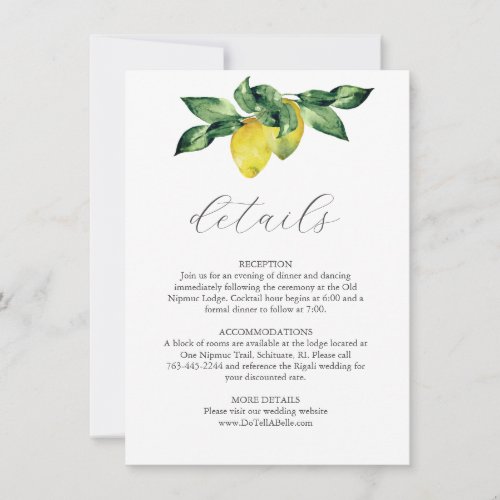 Wedding Details Enclosure Card Watercolor Lemons