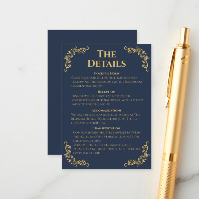 Wedding Details Enclosure - Navy & Gold Theme Card (Front/Back In Situ)
