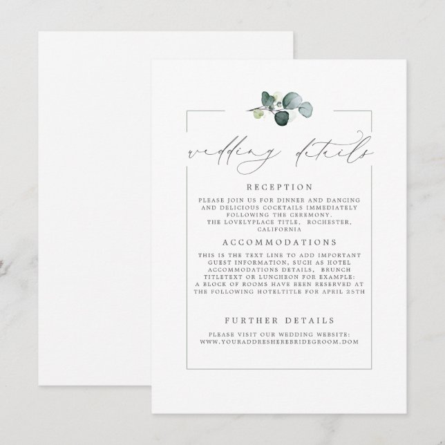 Wedding Details Eucalyptus Greenery Modern Card (Front/Back)
