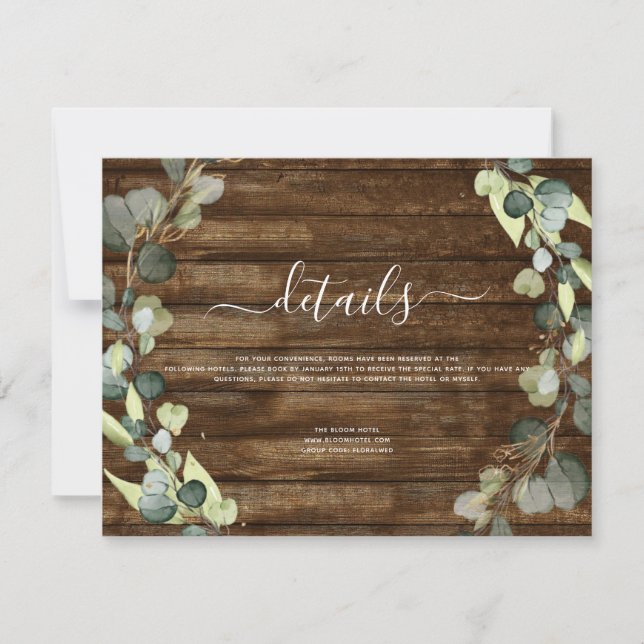 Wedding Details Eucalyptus Greenery Rustic Wood Invitation (Front)