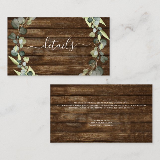 Wedding Details Eucalyptus Rustic Wood Greenery Business Card (Front/Back)