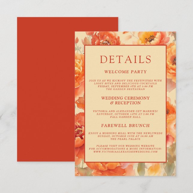 Wedding Details Fall Burnt Orange Floral  Enclosure Card (Front/Back)