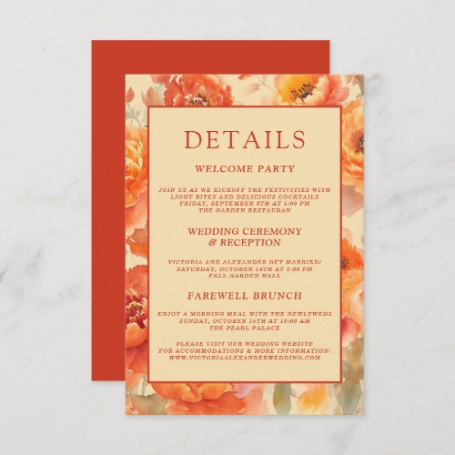 Wedding Details Fall Burnt Orange Floral  Enclosure Card