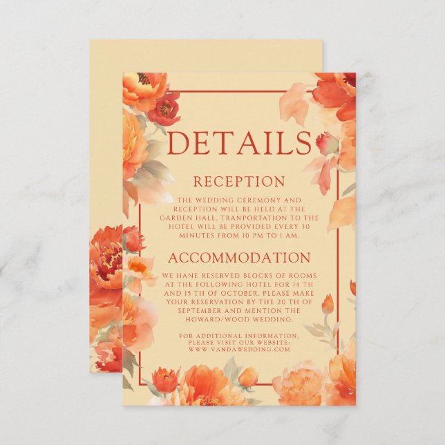 Wedding Details Fall Burnt Orange Floral  Enclosure Card (Front/Back)