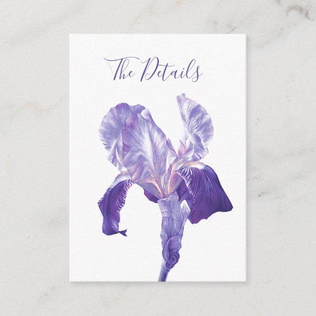 Wedding details flag iris purple flower info enclosure card (Front)