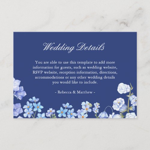 Wedding Details Forget Me Nots Royal Blue Floral Enclosure Card - Forget Me Nots Royal Blue Floral - Wedding Details Reception Card. 
(1) For further customization, please click the "customize further" link and use our design tool to modify this template. 
(2) If you prefer Thicker papers / Matte Finish, you may consider to choose the Matte Paper Type. 
(3) If you need help or matching items, please contact me.
