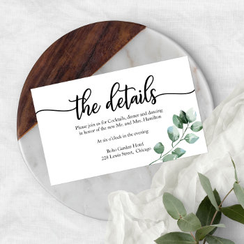 Wedding Details Greenery Calligraphy Enclosure Card by StampsbyMargherita at Zazzle