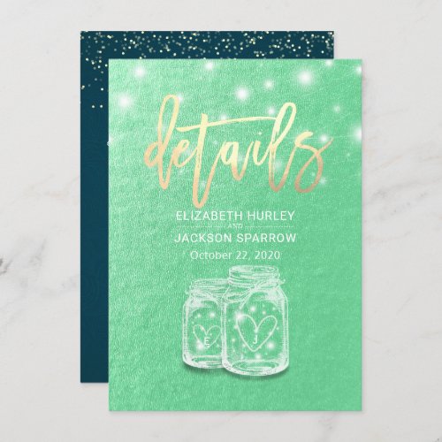 Wedding Details Information Mason Jars Green Gold Enclosure Card