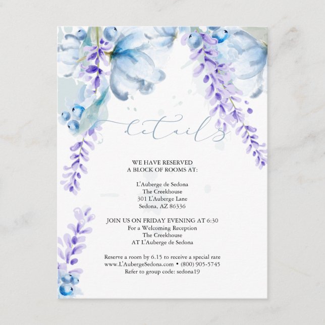WEDDING DETAILS | Lavender Dusty Blue Floral Enclosure Card (Front)